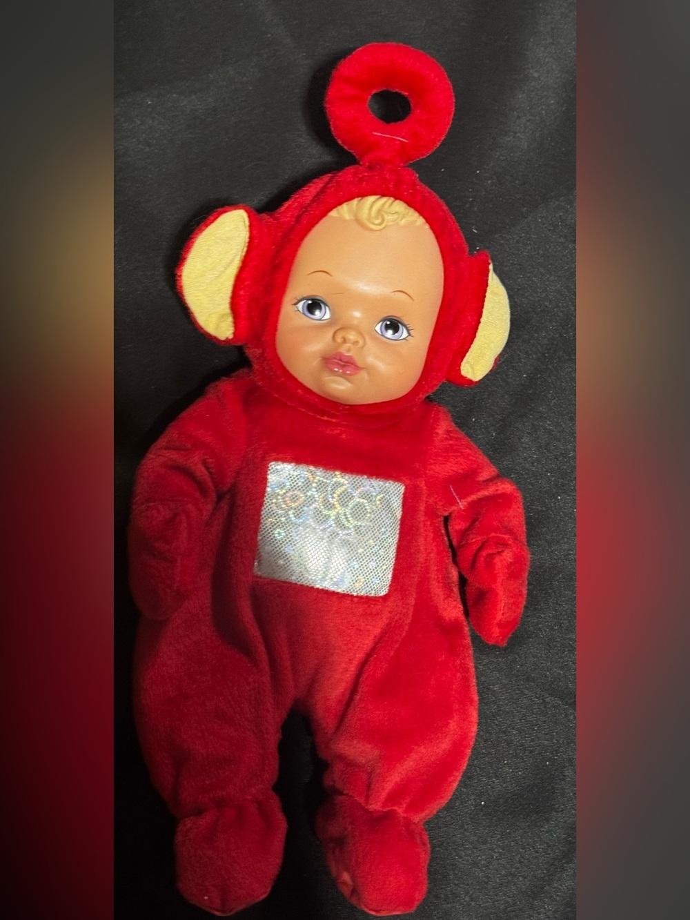 Vintage Red Plush Baby Doll with Teletubbie “Po” Costume and Shiny Chest Panel